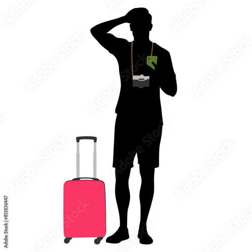 Silhouette of young man tourist with camera and smartphone. Male in casual clothes with a suitcase and tickets. Young male traveler goes on a journey. Vector illustration isolated on white