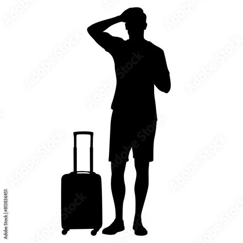 Silhouette of young man tourist with camera and smartphone. Male in casual clothes with a suitcase and tickets. Young male traveler goes on a journey. Vector illustration isolated on white