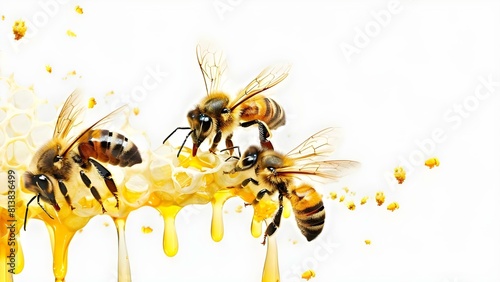 Bees gathering pollen dripping honey on white background. Concept Nature, Bees, Pollination, Honey, White Background