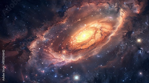 A spiral galaxy with radiant star formations and interstellar dust clouds set against the dark backdrop of space.