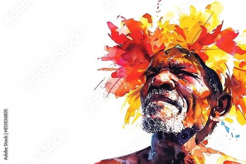 Fijians Fiji Man, Minimalistic watercolor, on a white background, cute and comical with empty copy space. photo