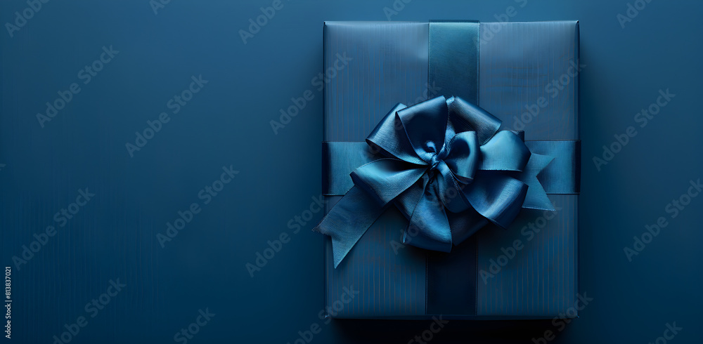 A dark blue gift box with ribbon and bow, perfect for holiday gifting, such as birthday, Christmas, or father's day, with plenty of copy space. A dark blue gift box with ribbon and bow, perfect for holiday gifting, such as birthday, Christmas, or father's day, with plenty of copy space.