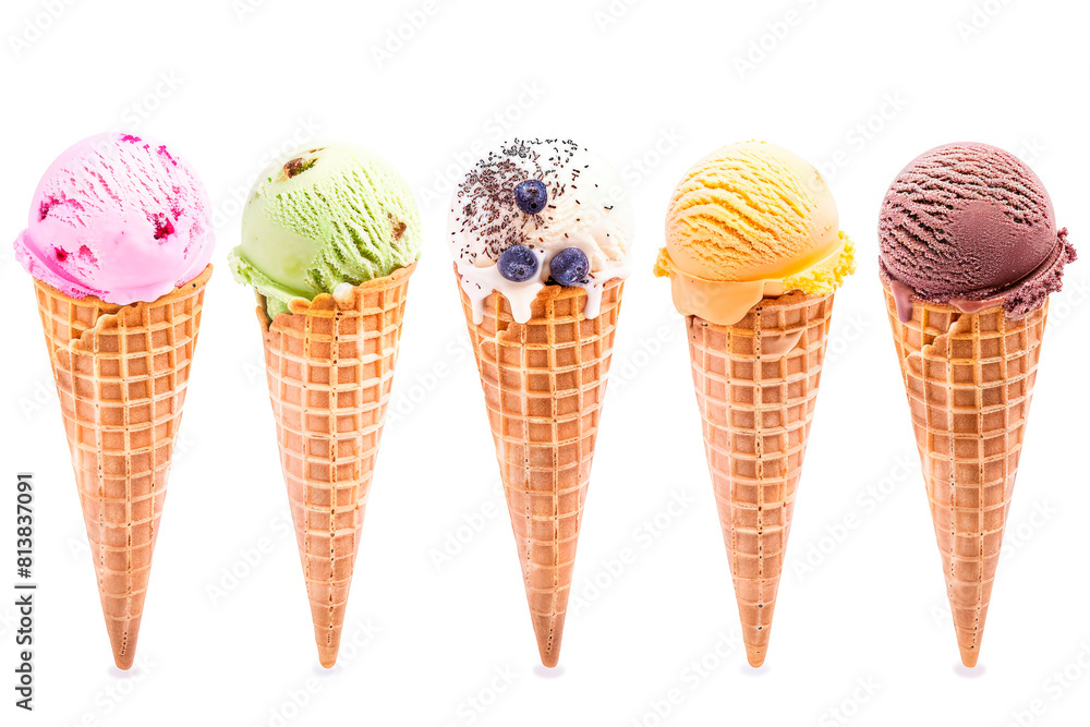Set of different ice cream scoops in waffle cones isolated on white background, top view. Set of different ice cream scoops in waffle cones isolated on white background, top view.