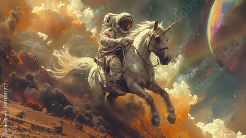 An astronaut wearing a spacesuit riding a unicorn in space, both floating weightlessly among stars and planets