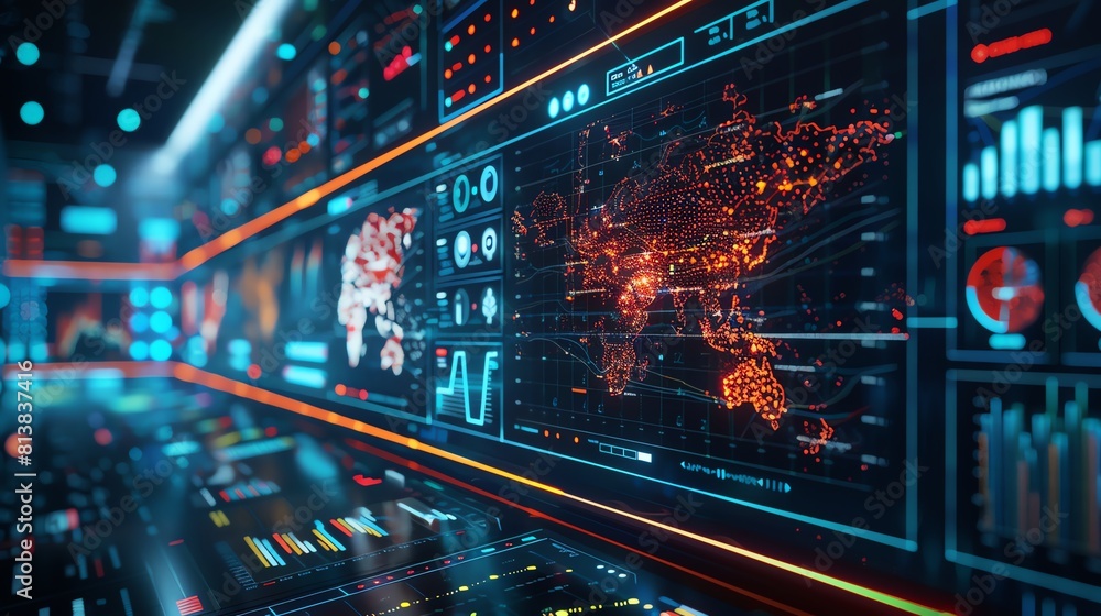 Fototapeta premium Machine learning algorithms processing real-time epidemiological data, a global health monitoring center with digital maps and graphs