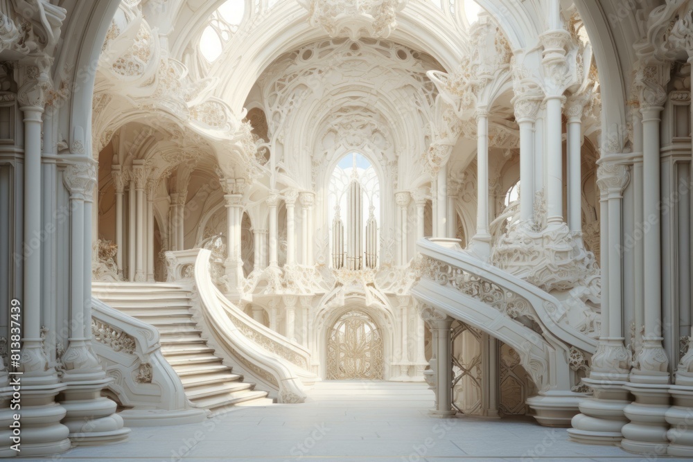 Elegant white baroque architecture with intricate designs and a sweeping grand staircase