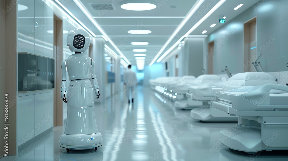 A futuristic medical facility where machine learning algorithms are personified as intelligent assistants