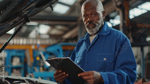 Senior Mechanic with Clipboard in Garage