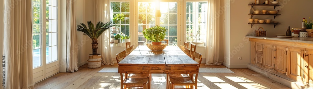 Bright and airy dining room with large windows and a beautiful view of the garden Bright and airy dining room with large windows and a beautiful view of the garden