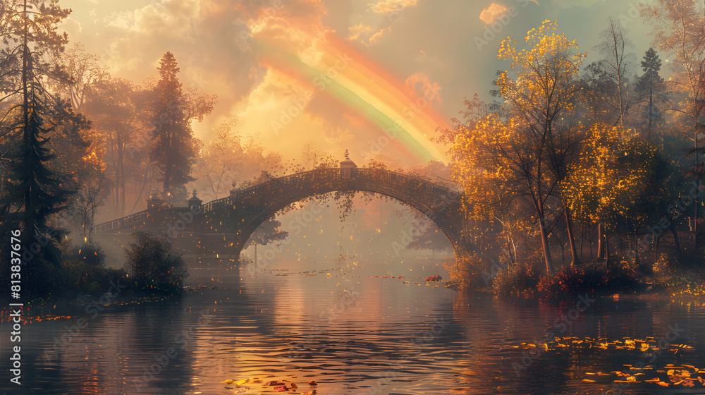 Architectural Grace: Historic Bridge Framed by Rainbow Arch in Photo Realistic Style, Blending Natural Colors and Splendor   Concept Shot in Adobe Stock