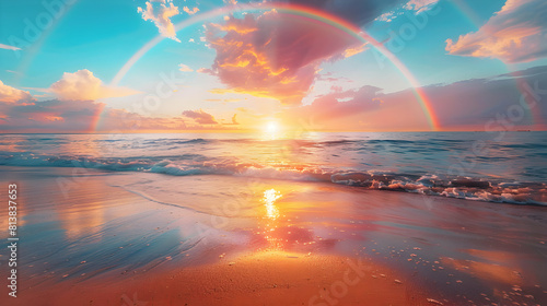Serene Sunset Scene  Rainbow Sky Over Beach   Tranquil Evening Moment Captured in Photo Realistic Style