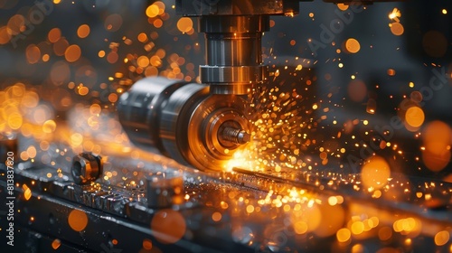 A machine processes a metal workpiece, creating sparks. photo
