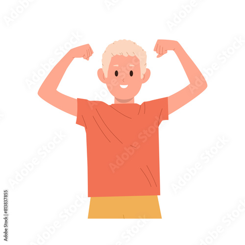 Preteen athletic boy child cartoon character demonstrating strength and power gesturing with arms