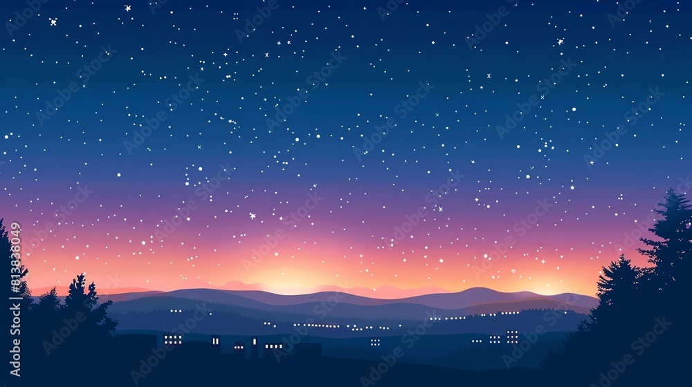 Starry sky flat design, front view, night theme, animation, vivid