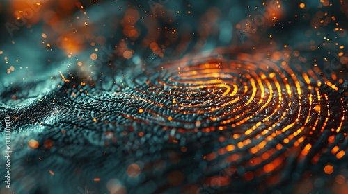 A detailed shot of a fingerprint being scanned on a biometric scanner, highlighting the intricate patterns and ridges of the fingerprint against a blurred background.