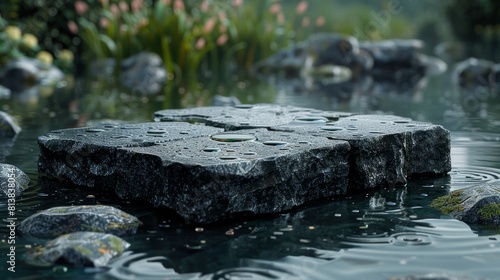 In the middle of the pond  a floating black stone platform was decorated with water drops. This pedestal radiated an aura of majesty. It has smooth shapes that contrast beautifully with nature.