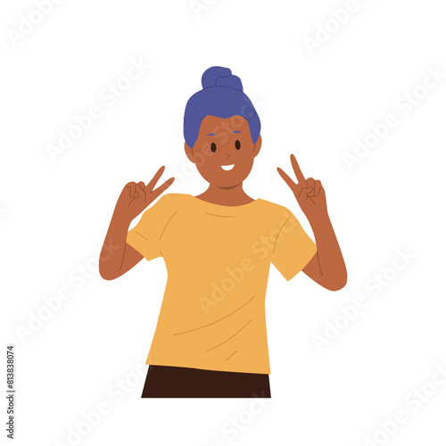 Cute happy girl child cartoon character showing v sign gesture feeling excited and positive