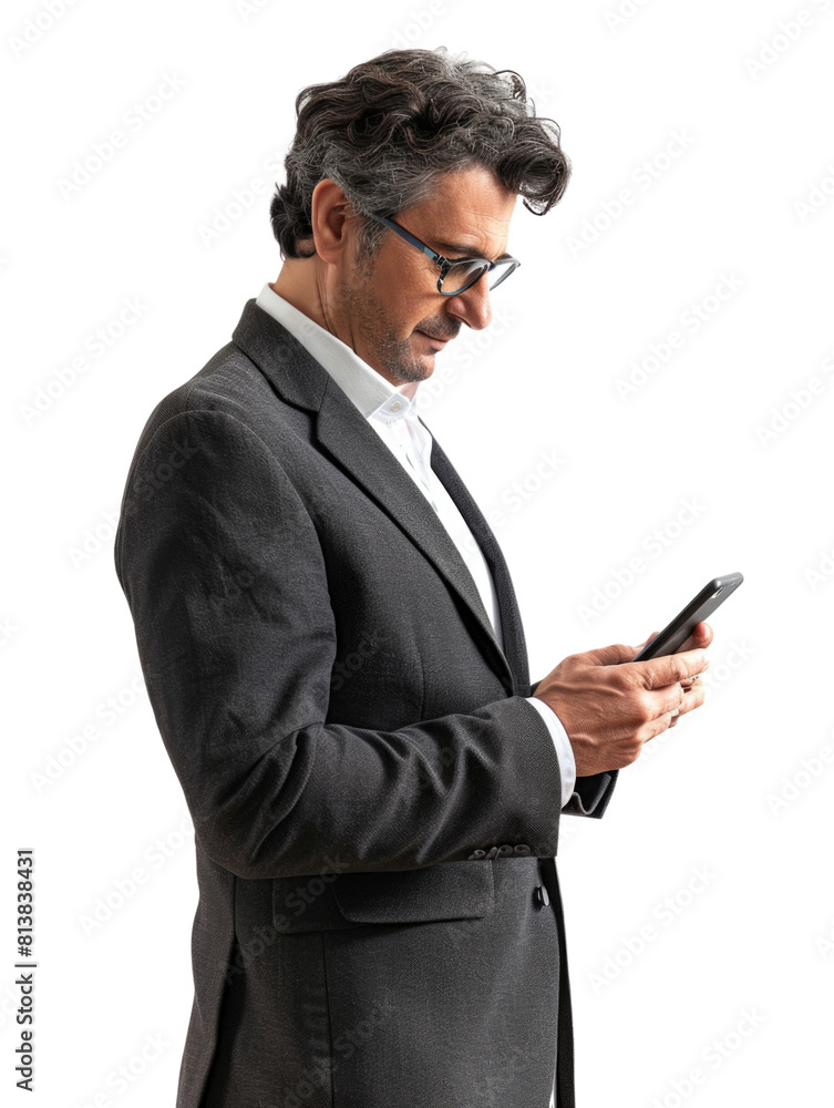 Business man using smartphone for messaging communication transparent background