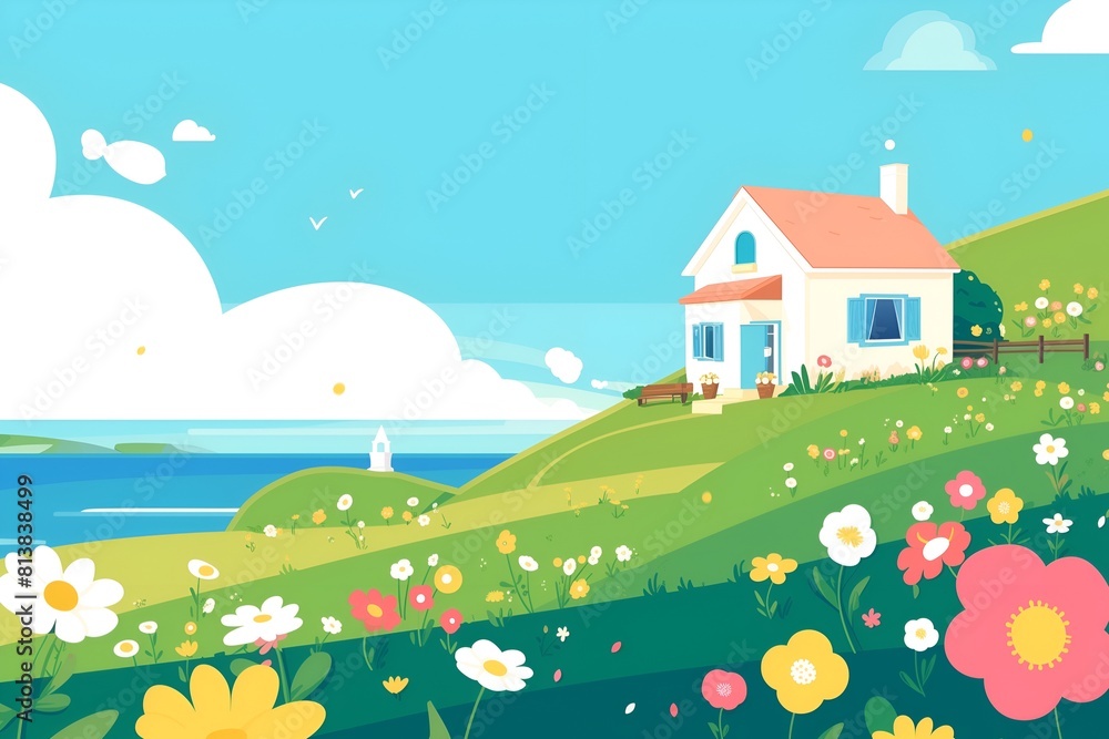 A house by the ocean in spring landscape with blooming meadow and flowers A house by the ocean in spring landscape with blooming meadow and flowers