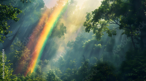 Vibrant Rainbow Enhances Lush Forest Canopy with Photo Realistic Concept in Adobe Stock