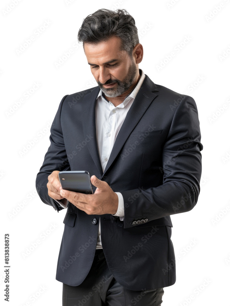Business man using smartphone for messaging communication transparent background Business man using smartphone for messaging communication transparent background