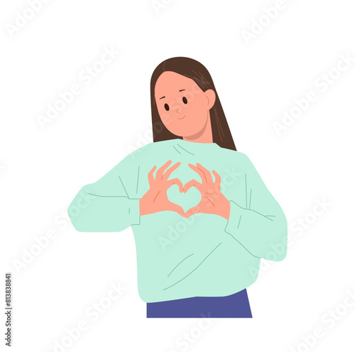 Pretty preteen girl child cartoon character gesturing heart sign indicating love vector illustration