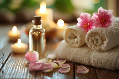 Serene Spa Ambiance with Candles  Towels  and Tropical Flowers