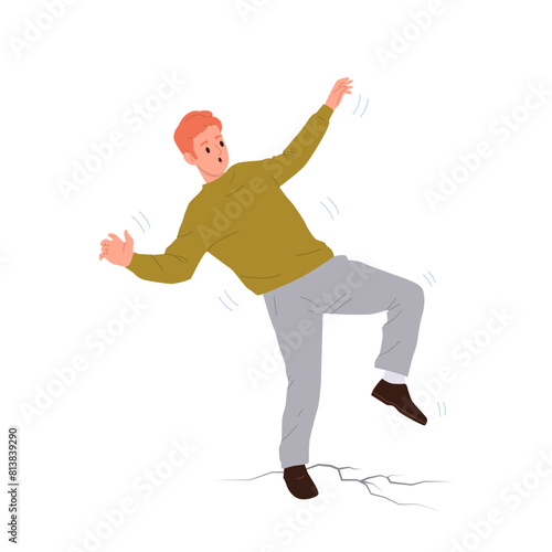 Young man isolated cartoon character in fear afraid of earthquake looking at cracks in ground