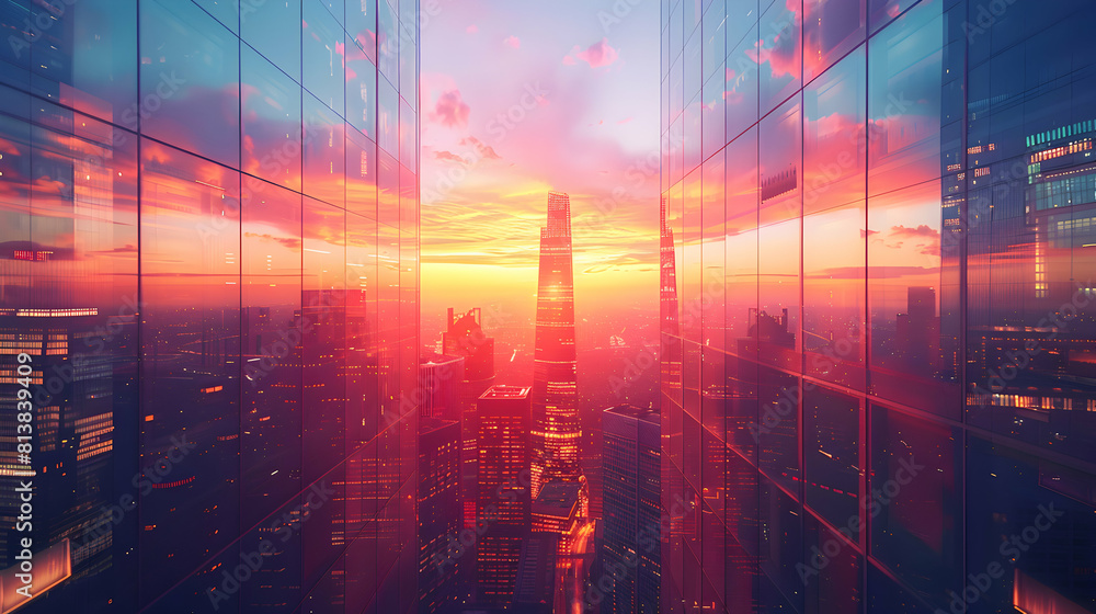 Sunset Reflections on City Skyscrapers: A Photo Realistic View of Urban Skyline Turning into a Canvas of Oranges and Purples