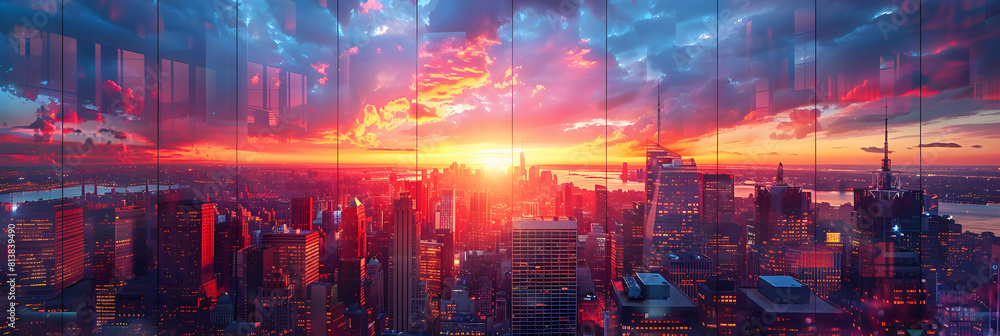 City Skyscrapers Sunset Reflections: Orange and Purple Skyline Canvas   Photo Realistic Urban Sunset Reflection on Glass Buildings Concept