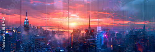 Cityscape Tranquility: Urban Skyscraper Sunset Reflections Transforming the Skyline with Vibrant Oranges and Purples Photo Realistic Image of Modern City Reflections at Dusk
