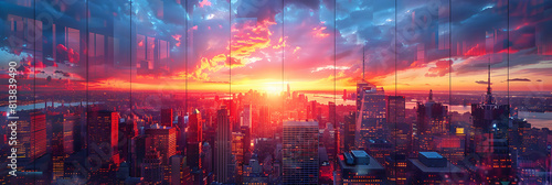 City Skyscrapers Sunset Reflections  Orange and Purple Skyline Canvas   Photo Realistic Urban Sunset Reflection on Glass Buildings Concept
