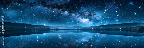 Mesmerizing Starlit Lake Tranquility: A serene lake under starlit skies with perfect reflections, offering a double view of the cosmos photo