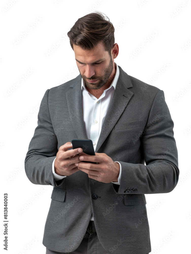 Business man using smartphone for messaging communication transparent background Business man using smartphone for messaging communication transparent background