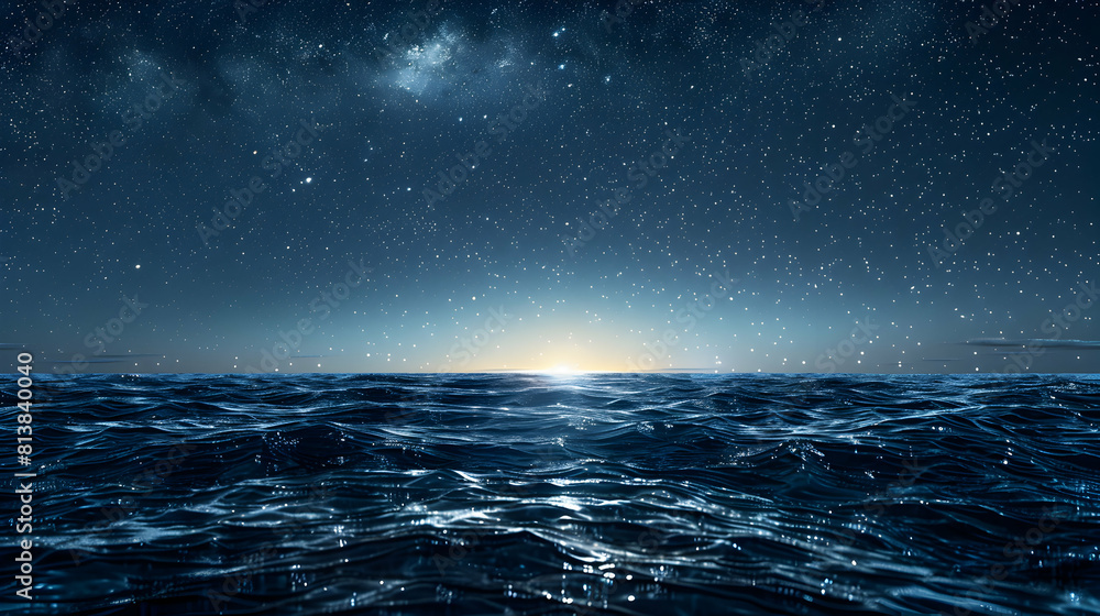Photo realistic Starlit Ocean Horizon: Stars glittering along the horizon, merging sea and sky into a seamless tapestry of natural splendor   Photo Stock Concept