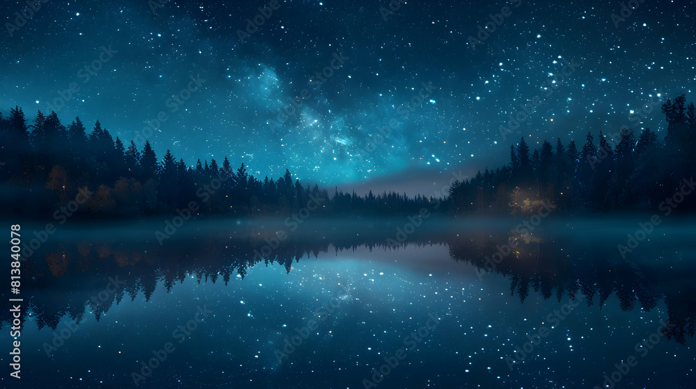 Starry Lake Reflections: Stars Reflecting on Glassy Surface, Enhancing Night s Tranquility