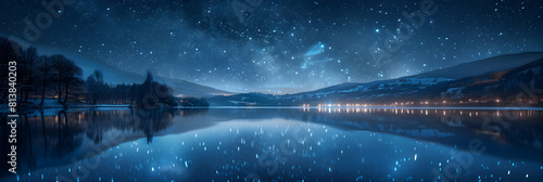Photo realistic as Starry Lake Reflections concept: Stars reflect on the glassy surface of a serene lake, doubling the starry spectacle and enhancing the night s tranquility   Phot photo