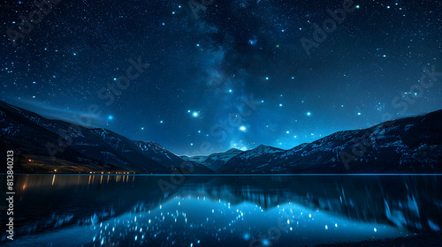 Enchanting Starry Lake: Stars Reflected on Glassy Surface, Enhancing Night s Tranquility Photo Stock Concept