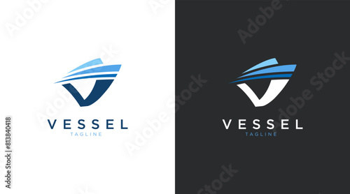 Vessel boat logo template. Letter V ship, boat vector illustration