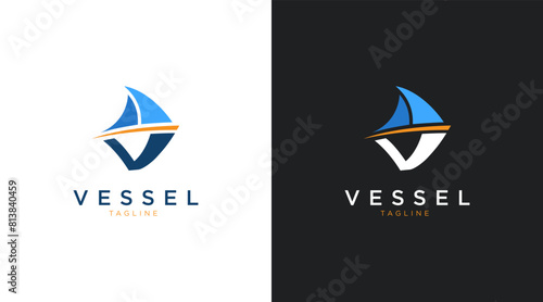 Vessel boat logo template. Letter V ship, boat vector illustration