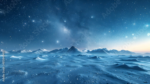 A Winter s Night: Starry Sky Casting its Glow on Snowy Landscape   Serene and Pristine Beauty Captured in Photo Realistic Concept on Adobe Stock © Gohgah