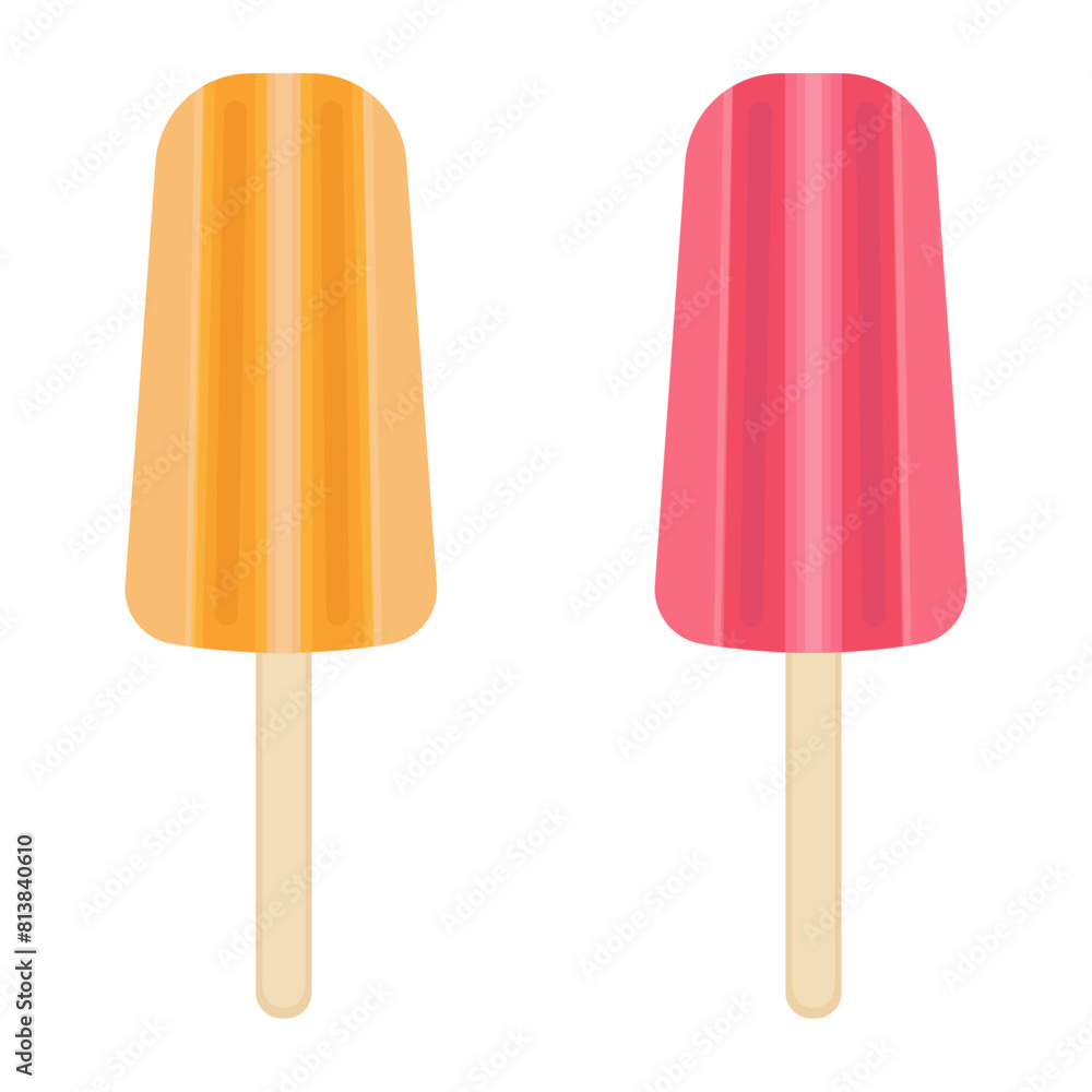 Set of orange and strawberry ice cream on a stick on a white background. Red and yellow fruit popsicle. Vector cartoon illustration. Closeup element for summer and food design decoration. Sweets day. Set of orange and strawberry ice cream on a stick on a white background. Red and yellow fruit popsicle. Vector cartoon illustration. Closeup element for summer and food design decoration. Sweets day.