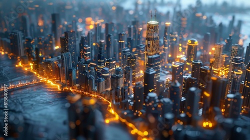 A virtual replica of a bustling cityscape  highlighting advanced urban planning concepts and smart infrastructure  perfect for visualizing digital twin technology in urban developm