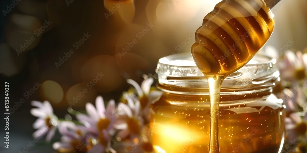 Closeup of honey dipper dripping golden honey into jar with flowers. Concept Food Photography, Close-up Shots, Honey Dripper, Golden Honey, Flowers Closeup of honey dipper dripping golden honey into jar with flowers. Concept Food Photography, Close-up Shots, Honey Dripper, Golden Honey, Flowers