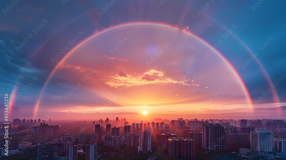 Captivating Suburban Sunset Rainbow Over the City Skyline, a Spectacular View for Residents Photo Realistic Concept in Adobe Stock Captivating Suburban Sunset Rainbow Over the City Skyline, a Spectacular View for Residents Photo Realistic Concept in Adobe Stock