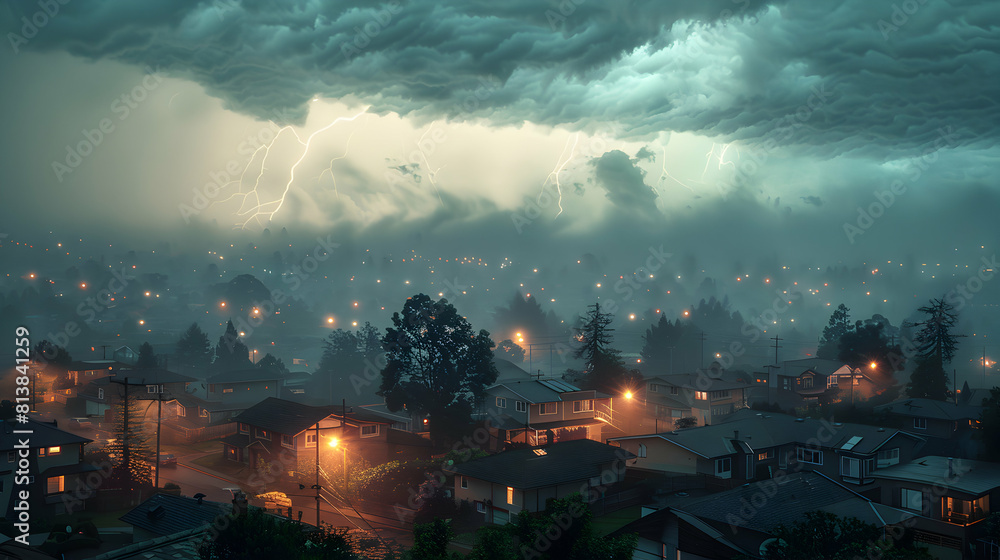 Moody Atmospheric Suburban Scene: A Photo Realistic Capture of Suburban Thunderstorm Twilight Ideal for Creative Concept in Photo Stock