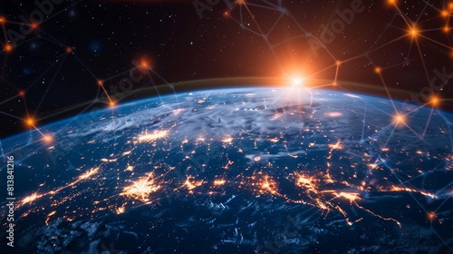 An abstract representation of a globe with interconnected lines and dots, suggesting the influence and connectivity of global networks and leadership.