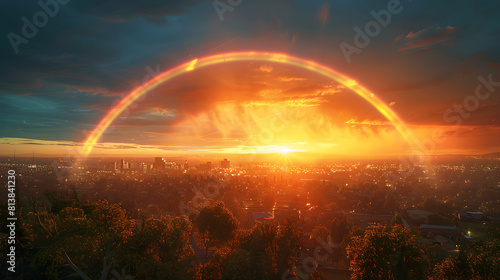 Suburban Sunset Rainbow: A stunning photo realistic concept of a suburban skyline basking in the glow of a sunset rainbow, offering residents a breathtaking view at day s end. photo