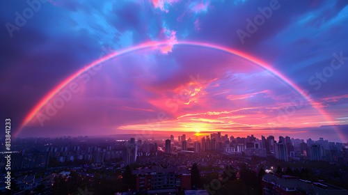 Photo realistic concept of Suburban Sunset Rainbow: A stunning view of a suburban skyline illuminated by a sunset rainbow, offering residents a mesmerizing end of day scene