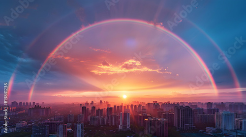 Captivating Suburban Sunset Rainbow Over the City Skyline, a Spectacular View for Residents Photo Realistic Concept in Adobe Stock